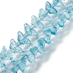 AceroAzul Cuentas de vidrio transparente hebra, mariposa, acero azul, 8x15x4.5 mm, agujero: 1 mm, sobre 60 unidades / cadena, 13.78~14.17 pulgada (35 cm ~ 36 cm)