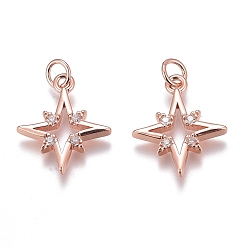Real Rose Gold Plated Brass Micro Pave Clear Cubic Zirconia Pendants, Long-Lasting Plated, Star, Real Rose Gold Plated, 15x12x2mm, Hole: 2mm