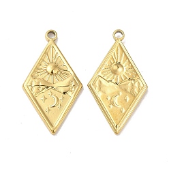 Real 18K Gold Plated Ion Plating(IP) 304 Stainless Steel Pendants, Rhombus with Sun & Star Charm, Real 18K Gold Plated, 25.5x14x2mm, Hole: 1.6mm