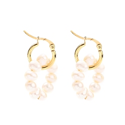 White 304 Stainless Steel Hoop Earrings, with Natural Cultured Freshwater Pearl Woven Linking Rings, Golden, White, 32mm, Pin: 0.7x1mm