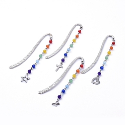 Colorful Chakra Theme, Tibetan Style Alloy Bookmarks, with Natural & Dyed Malaysia Jade Beads and 304 Stainless Steel Pendants, Colorful, Pendants: about 81~89x9.5~12.5x4.5mm, 84x4.5x1.3mm