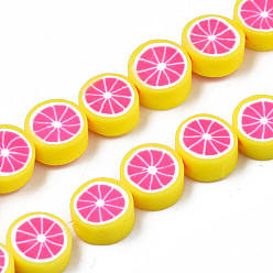 Ярко-Розовый Ручной полимерные нити глины шарик, ломтик лимона, ярко-розовый, 8~10x3.5~4.5 мм, отверстие : 1.6 мм, около 38~40 шт / нитка, 13.98 дюйм ~ 15.55 дюйм (35.5~38 см)