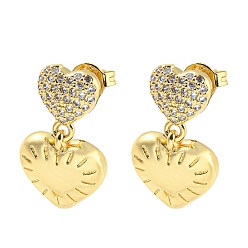 Real 18K Gold Plated Rack Plating Brass Heart Dangle Stud Earrings, with Clear Cubic Zirconia, Long-Lasting Plated, Lead Free & Cadmium Free, Real 18K Gold Plated, 18x10.5mm