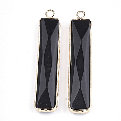 Black Glass Pendants, with Brass Findings, Faceted, Rectangle, Golden, Black, 46.5x10x5mm, Hole: 2mm