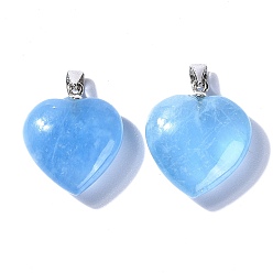 Aquamarine Grade AAA Heart Natural Aquamarine Pendants, with Platinum Plated 925 Sterling Silver and Clear Cubic Zirconia Pendant Bails, 22.5~23x20x8~9mm, Hole: 4~5x1.5~2mm