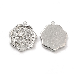 Stainless Steel Color 304 Stainless Steel Pendants, Hexagon with Flower Charm, Stainless Steel Color, 18x16x2.5mm, Hole: 1.6mm