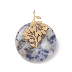 Blue Spot Jasper Natural Blue Spot Jasper Pendants, with Ion Plating(IP) Golden Color Tone 304 Stainless Steel Findings, Leaf with Donut/Pi Disc Charm, 37~38x30x10~11mm, Hole: 3mm
