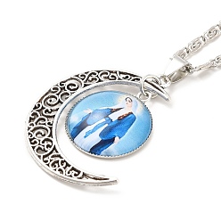 Azul Claro Collar con colgante de hada de la religión de cristal con luna creciente, Joyas antiguas de aleación de plata para mujer., azul claro, 18.31 pulgada (46.5 cm)