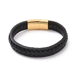 Golden Black Leather Braided Cord Bracelet with 304 Stainless Steel Magnetic Clasps, Flat Punk Wristband for Men Women, Golden, 8-1/2 inch(21.7cm)