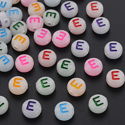 Letter E Acrylic Beads, Glow in the Dark, with Enamel and Luminous, Horizontal Hole, Flat Round with Alphabet, Letter.E, 6.5x7x4mm, Hole: 1.6mm, about 3600pcs/500g