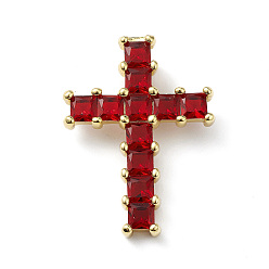 Red Rack Plating Brass Pendant, with Glass, Lead Free & Cadmium Free, Cross Charms, Real 18K Gold Plated, Red, 31.5x23x4~7.5mm, Hole: 5x2.5mm
