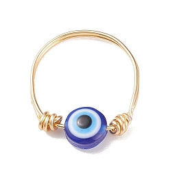 Golden Resin Evil Eye Beaded Finger Ring, Copper Wire Wrap Jewelry for Women, Golden, US Size 10 1/2(20.1mm)