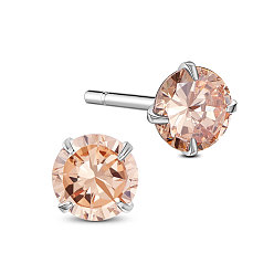 PeachPuff SHEGRACE Rhodium Plated 925 Sterling Silver Four Pronged Ear Studs, with AAA Cubic Zirconia and Ear Nuts, PeachPuff, 4mm
