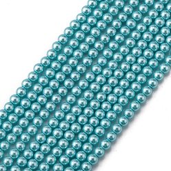 Cyan Grade A Glass Pearl Beads, Pearlized, Round, Cyan, 4mm, Hole: 0.7~1.1mm, about 100pcs/Strand, 16''(40.64cm)