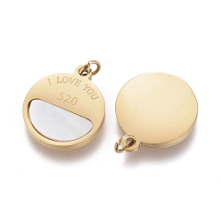Golden Valentine's Day 316 Surgical Stainless Steel Charms, with Shell and Jump Rings, Flat Round with Word I Love You 520, Golden, 12x11.5x1.3mm, Hole: 1.4mm