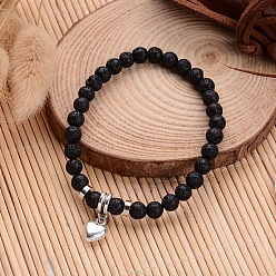 Lava Rock Natural Lava Rock Beaded Stretch Charm Bracelets, with Tibetan Style Antique Silver Alloy Charms, 58mm