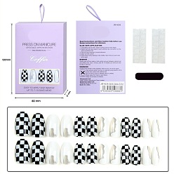 Black Plastic Full Cover False Nail Tips, Press-On Nail Art Detachable Manicure, Trapezoid with Tartan Pattern, White, Black, 17.1~22.8x7~13.6mm, 24pcs/box