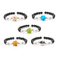 Mixed Color Natural Lava Rock & Lampwork Flower Beaded Stretch Bracelet, Essential Oil Gemstone Jewelry for Women, Mixed Color, Inner Diameter: 2-1/8 inch(5.5cm)