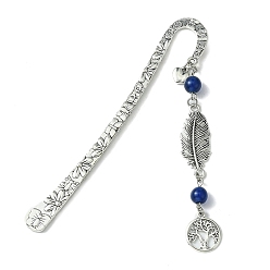 Medium Blue Tree of Life Feather Tibetan Style Alloy Pendant Bookmark with Cat Eye, Tibetan Style Hook Bookmarks, Medium Blue, 123x20mm