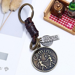 Pisces Punk Style Woven Flat Round with 12 Constellation Leather Keychain, for Car Key Pendant, Pisces, 11cm