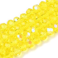 Champagne Yellow Electroplate Glass Beads Strands, Half Rainbow Plated, Faceted, Rondelle, Champagne Yellow, 10x8mm, Hole: 1mm, about 63~65pcs/strand, 19.2~20 inch(48~50cm)