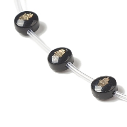 Hamsa Hand Handmade Lampwork Beads Strands, with Golden Tone Brass Findings & Enamel, Flat Round, Black, Hamsa Hand Pattern, 8x5.5mm, Hole: 1mm, about 20pcs/strand, 14.76 inch(37.5cm)