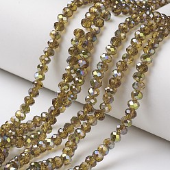 Verge D'or Foncé Plaquent verre transparent perles brins, moitié vert plaqué, facette, rondelle, verge d'or noir, 6x5mm, Trou: 1mm, Environ 85~88 pcs/chapelet, 16.1~16.5 pouce (41~42 cm)