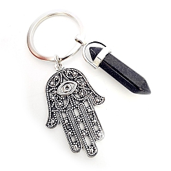 Blue Goldstone Synthetic Blue Goldstone Pendant Keychains, with Alloy Pendants and Iron Rings, Bullet Shape with Hamsa Hand, 7.2cm