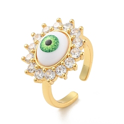 Lawn Green Cubic Zirconia Sun with Evil Eye Open Cuff Ring with Acrylic, Real 18K Gold Plated Brass Jewelry for Women, Cadmium Free & Lead Free, Lawn Green, US Size 6 1/2(16.9mm)