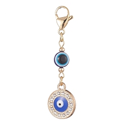 Flat Round Evil Eye Alloy Enamel with Rhinestone Pendant Decoration, Resin Beads and 304 Stainless Steel Lobster Claw Clasps, Flat Round, 56mm