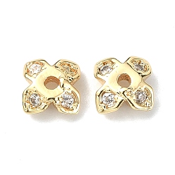 Real 18K Gold Plated Brass Pave Clear Cubic Zirconia Bead Caps, 4-Petal, Clover, Real 18K Gold Plated, 4.5x4.5x2mm, Hole: 1mm