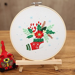 Christmas Socking Kits de broderie de thème de noël bricolage, y compris le tissu en coton imprimé, fil à broder et aiguilles, cercle à broder en plastique, chaussette de noël, 275x275mm