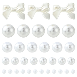 Blanc 5 style perles acryliques imitation perle, rond et bowknot, blanc, 3~24x3~33x3~9.5mm, Trou: 1~2mm