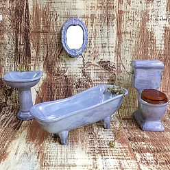 Bleu Bleuet Ensemble de miroir de baignoire de lavabo de toilette de salle de bains en porcelaine mini, miniature paysage salle de bain modèle maison de poupée accessoires décorations, bleuet, 42~52x118x62~88mm, 4 pièces / kit