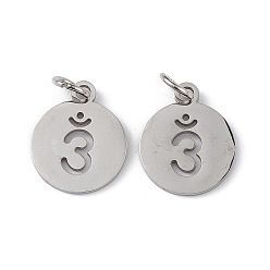 Stainless Steel Color 304 Stainless Steel Charms, with Jump Ring, Flat Round with Ohm/Aum Charm, Stainless Steel Color, 14x12x1.1mm, Hole: 3mm