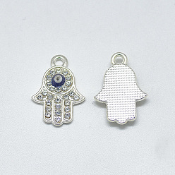 Silver Alloy Pendants, with Crystal Rhinestone and Blue Enamel, Religion, Hamsa Hand/Hand of Fatima /Hand of Miriam with Evil Eye, Silver Color Plated, 21x14.5x3mm, Hole: 1.6mm