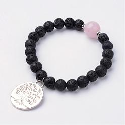 Rose Quartz Alloy Charm Bracelets, with Natural Lava Rock Beads and Rose Quartz, 2-1/8 inch(54mm)