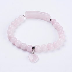 Quartz Rose Naturel a augmenté de bracelets élastiques de quartz, avec les accessoires en alliage, cœur, 2-3/8 pouces (61 mm)