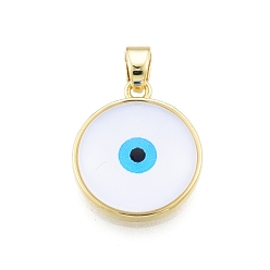 White Glass Pendants, with Golden Plated Brass Findings, Flat Round with Evil Eye, White, 19x16.5x5mm, Hole: 5x3.5mm