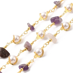 Amethyst Handmade Natural Amethyst Chip Beaded Chains, Real 18K Gold Plated Brass Glass Link Chains, Soldered, with Spool, Cadmium Free & Lead Free, Bead link: 12.5x8x6mm, Gemstone Chip: 16~19x8.5~10x5~6.5mm