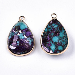 Medium Turquoise Teardrop Assembled Synthetic Turquoise and Natural Regalite/Imperial Jasper Pendants, with Iron Loop and Brass Edge, Light Gold, Dyed, Medium Turquoise, 30x19x7~8mm, Hole: 2mm