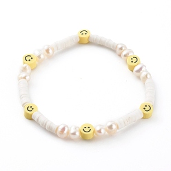 White Handmade Polymer Clay Heishi Beaded Stretch Bracelets, with Natural Pearl Beads, Smiling Face, White, Inner Diameter: 2-1/8 inch(5.5cm)
