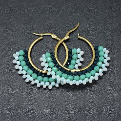 Turquoise 304 Stainless Steel Hoop Earrings, Beaded Hoop Earrings, with Glass Beads, Fan, Golden, Turquoise, 40.5~42x48~48.5x4mm