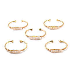 White Moonstone Bracelet manchette ouvert perlé triple colonne pierre de lune blanche naturelle, bijoux en laiton enroulés pour femmes, or, diamètre intérieur: 2-1/8 pouce (5.45~5.55 cm)