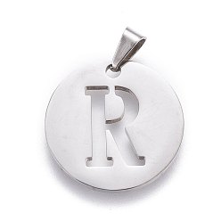 Letter R 201 Stainless Steel Pendants, Flat Round with Letter, Stainless Steel Color, Letter.R, 24.5x19.7x1.3mm, Hole: 4x3mm