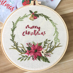 Christmas Wreath Kits de inicio de bordado, incluyendo tela e hilo de bordado, aguja, Hoja de instrucciones y bastidor de bordado de imitación de bambú., Guirnalda de la Navidad, 300x300 mm