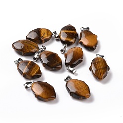 Tiger Eye Natural Tiger Eye Pendants, Hamsa Hand Charms, with Platinum Plated Alloy Snap on Bails, 24~24.5x15x7mm, Hole: 5.5x3mm
