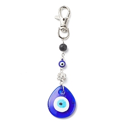 Teardrop Handmade Lampwork Evil Eye Pendant Decoration, Natural Lava Rock Round Bead & Lobster Clasp Charms, for Keychain, Purse, Backpack Ornament, Teardrop, 127mm