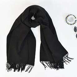 Черный Женский длинный клетчатый шарф из полиэстера с имитацией кашемира и кисточками, зима/осень теплые большие мягкие шали в шотландскую клетку, чёрные, 2000x650 мм