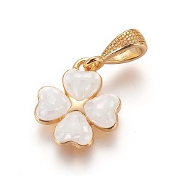 Floral White Brass Enamel Charms, with Freshwater Shell, Four Leaf Clover, Golden, Floral White, 13.5x12x2.5mm, Hole: 3x3.5mm